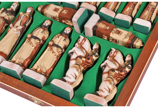 GRUNWALD piezas pintadas de piedra, caja de ajedrez de madera